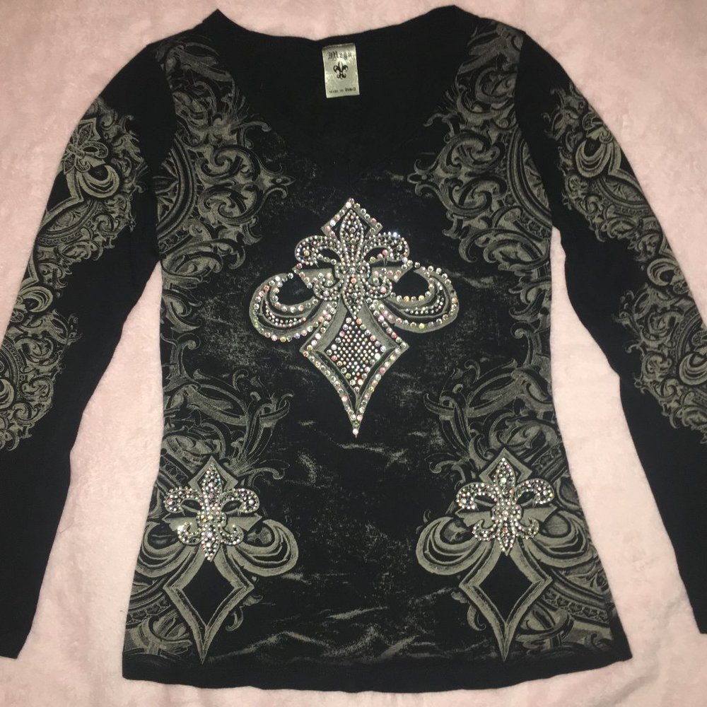 Vocal /Mega Black Long Sleeve Shirt With Rhinestones Y2K